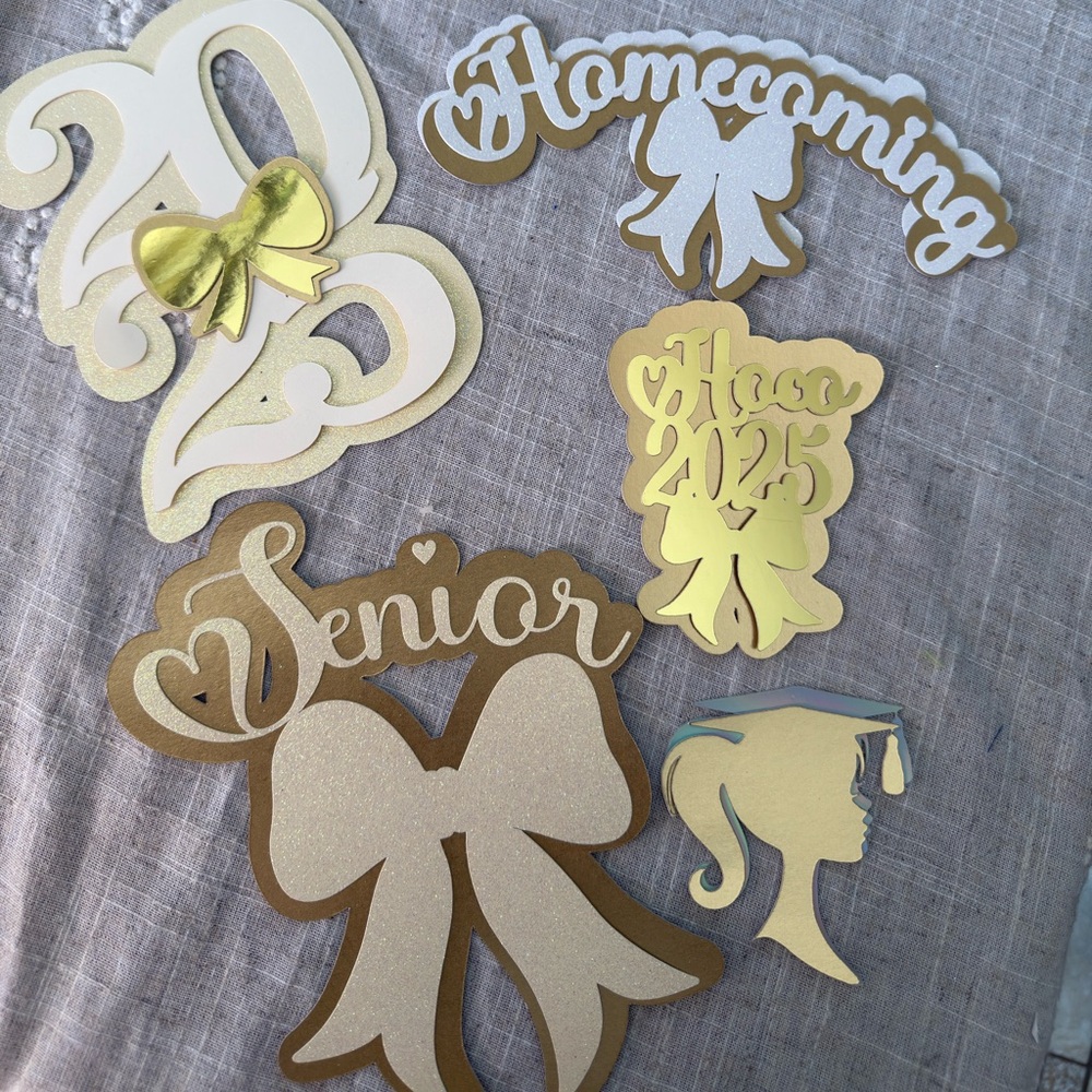 Die Cuts for homecoming mums of custom cake toppers made to order 
All colors.